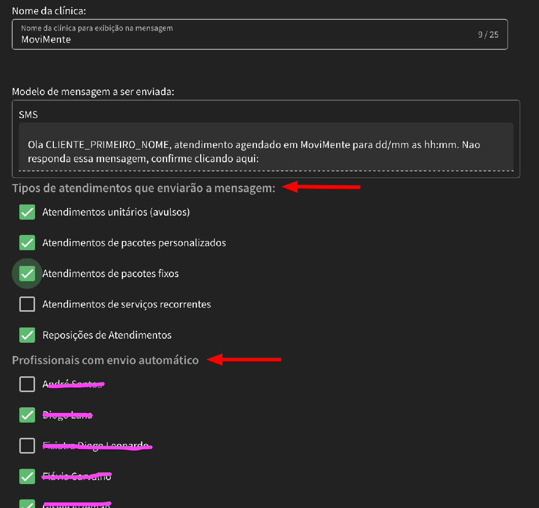 Tipos de atendimentos e profissionais