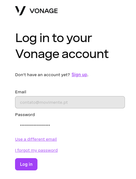 Painel de login da Vonage